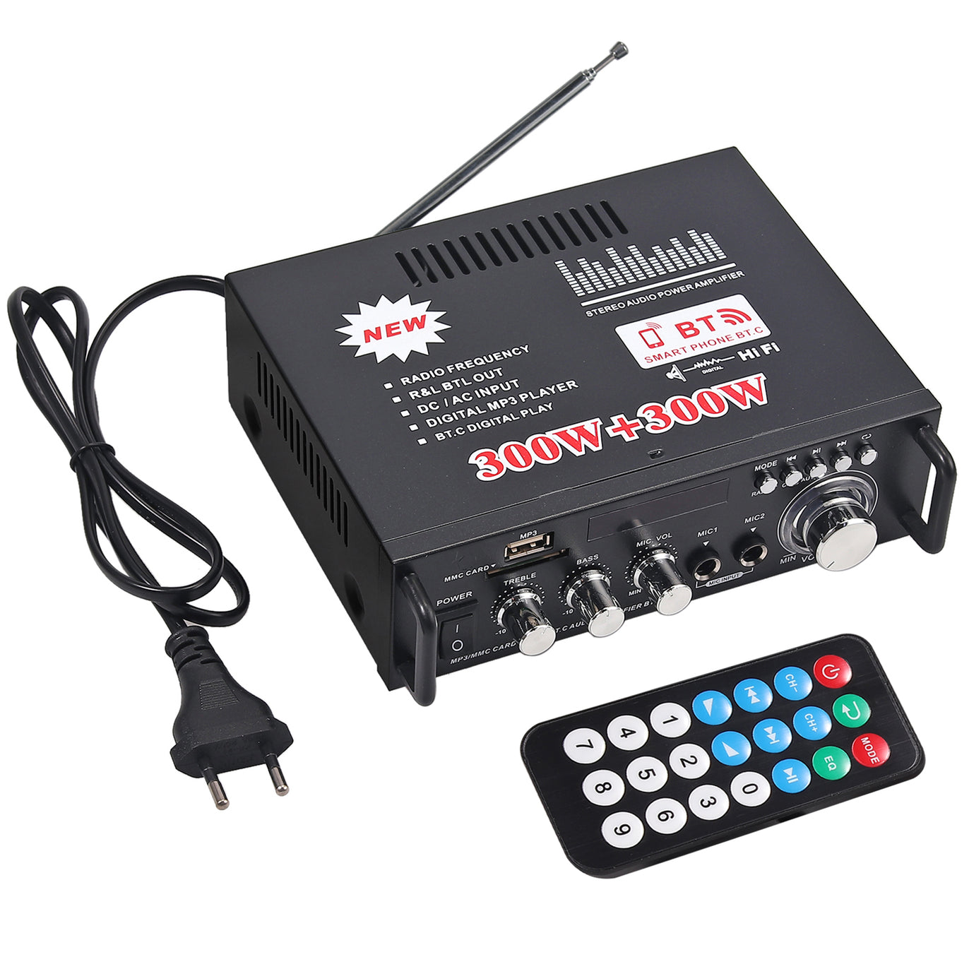 PROZOR Bluetooth Stereo Audio Amplifier 300 W + 300 W Audio Amplifier Mini Digital Audio Amplifier HiFi Music SD USB FM 12 V/220 V with IR Remote Control