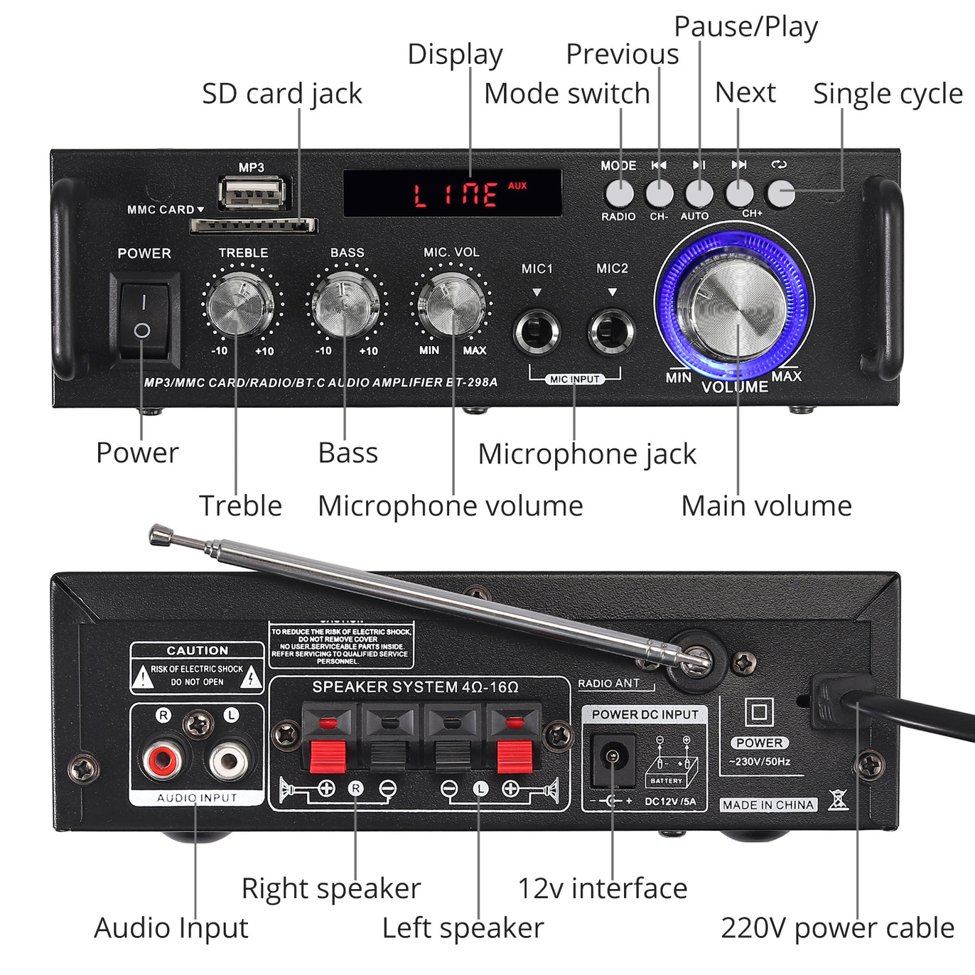 PROZOR Bluetooth Stereo Audio Amplifier 300 W + 300 W Audio Amplifier Mini Digital Audio Amplifier HiFi Music SD USB FM 12 V/220 V with IR Remote Control