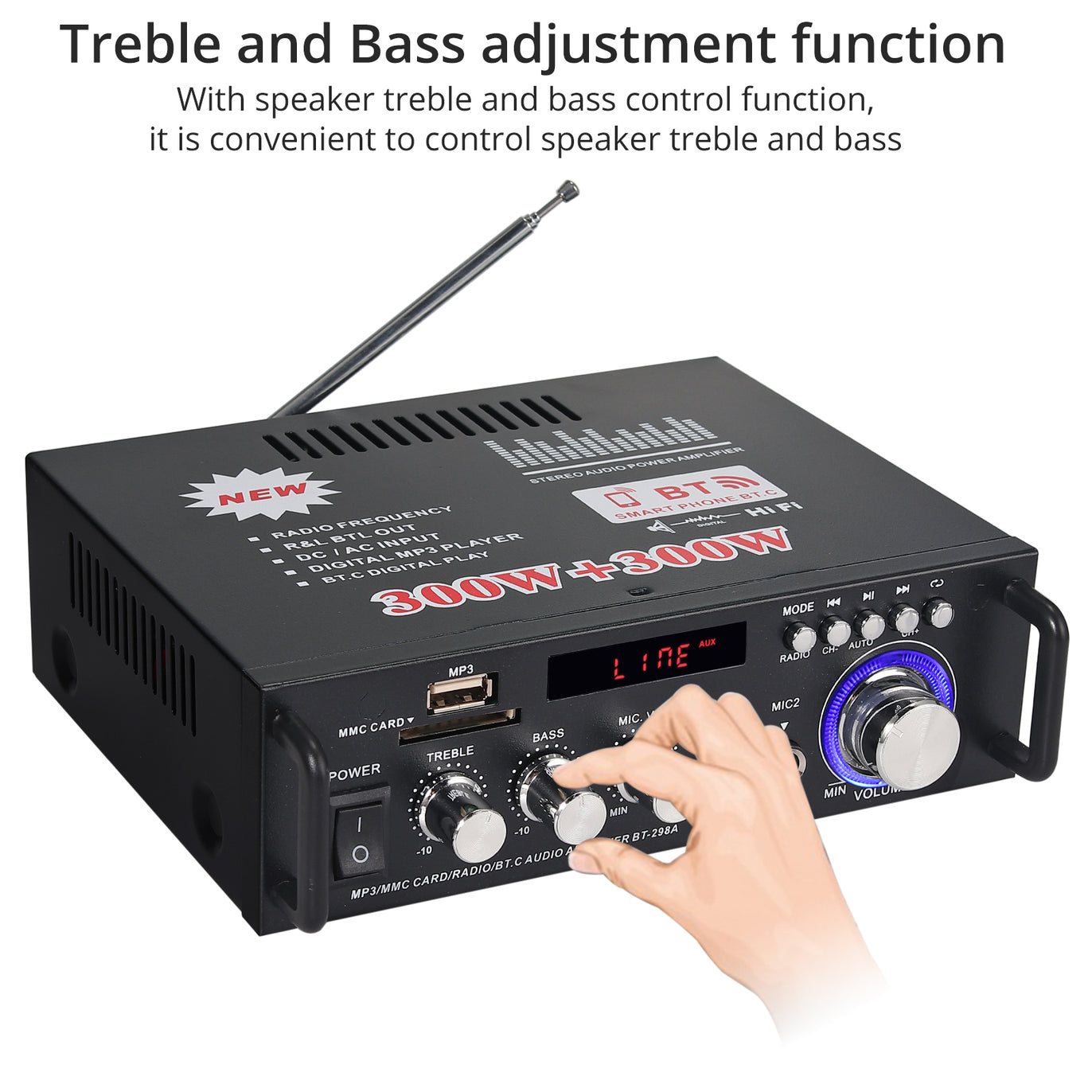 PROZOR Bluetooth Stereo Audio Amplifier 300 W + 300 W Audio Amplifier Mini Digital Audio Amplifier HiFi Music SD USB FM 12 V/220 V with IR Remote Control