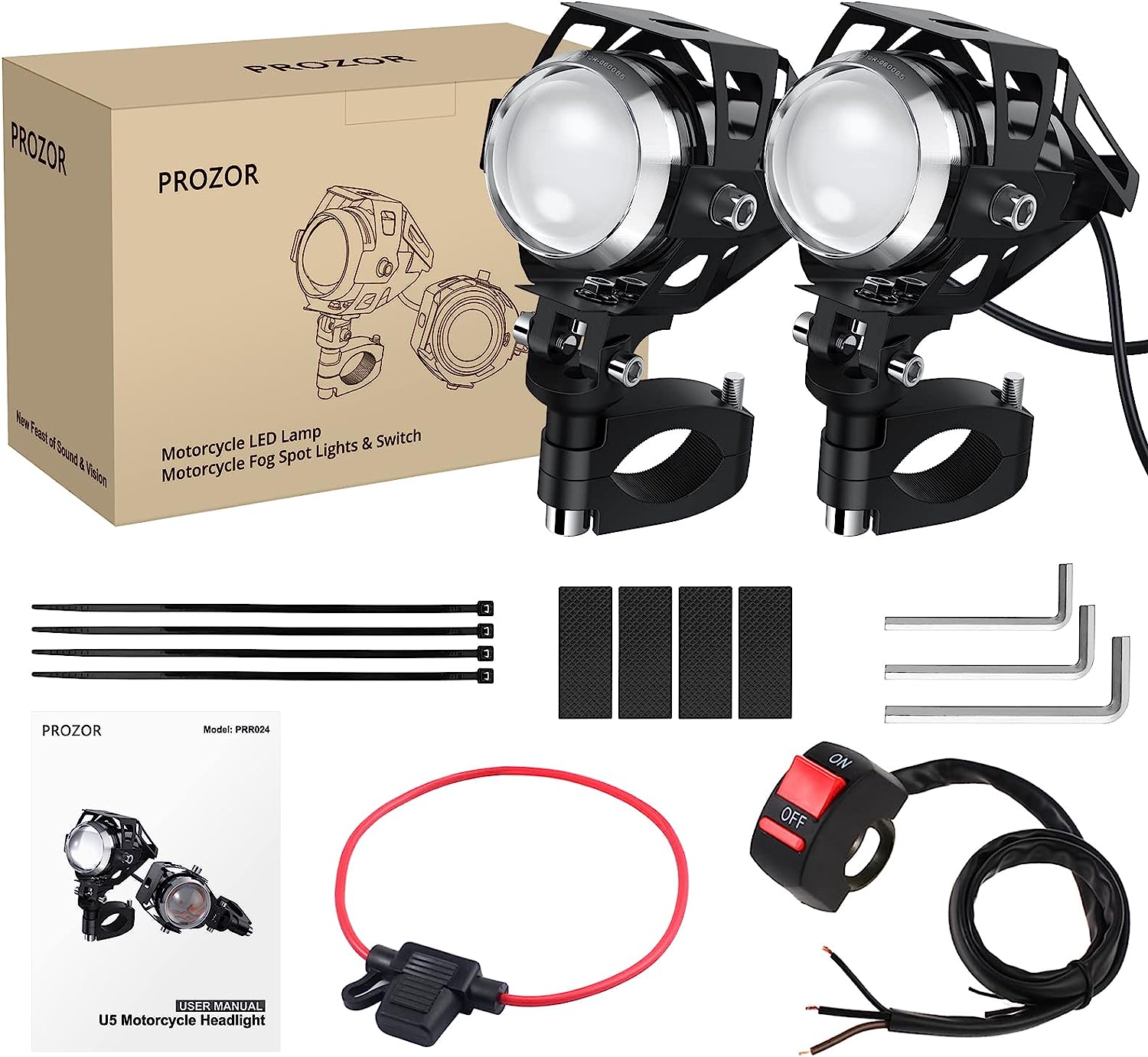 PROZOR Motorcycle Headlights 2PCS IP65 Motorbike LED Fog Spot Lights 15W U5