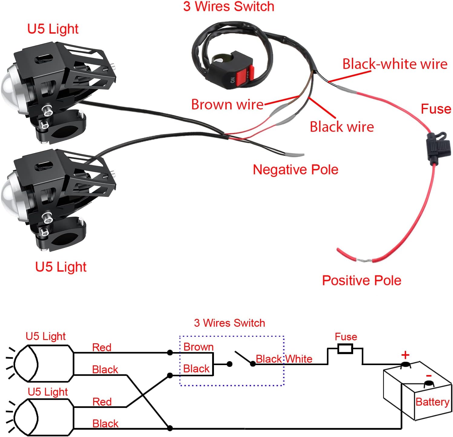 PROZOR Motorcycle Headlights 2PCS IP65 Motorbike LED Fog Spot Lights 15W U5
