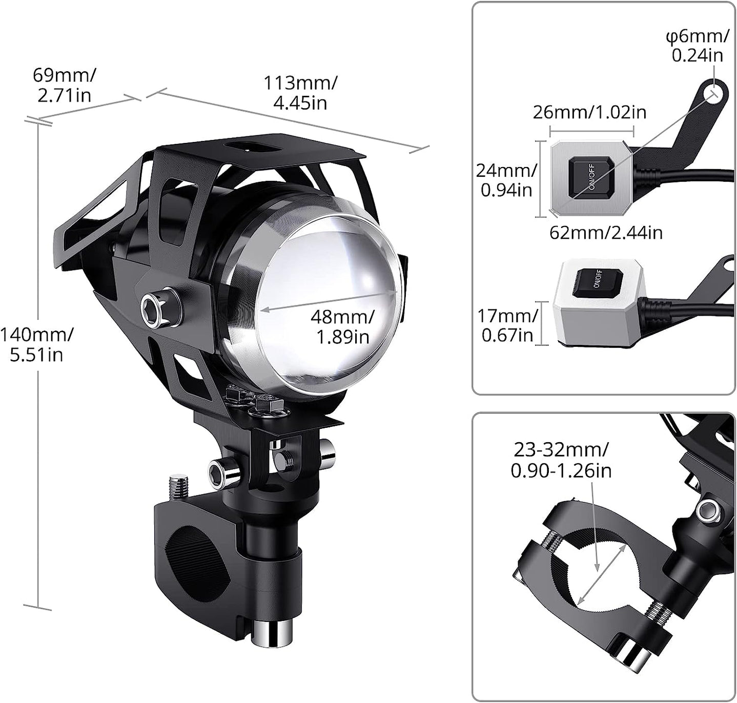 PROZOR 2PCS Motorcycle Headlights 15W U5 3000 Lumen Fog Spot Lights Waterproof