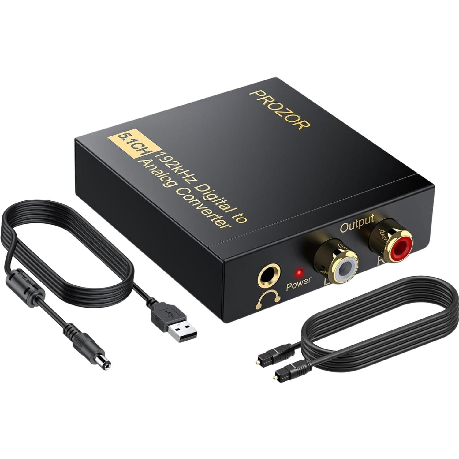 PROZOR 192Khz Digital-to-Analog Audio Converter, 5.1CH Optical/Toslink/SPDIF to RCA/3.5mm Adapter with Magnetic Ring Power Cord, Plastic Audio Accessory for HDTVs, Blu-Ray DVD, PS3, PS4