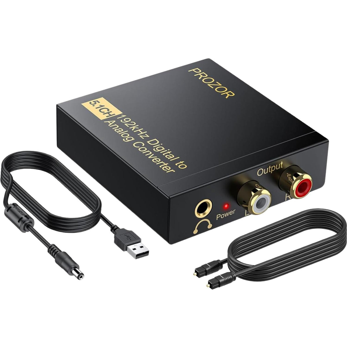 PROZOR 192Khz Digital-to-Analog Audio Converter, 5.1CH Optical/Toslink/SPDIF to RCA/3.5mm Adapter with Magnetic Ring Power Cord, Plastic Audio Accessory for HDTVs, Blu-Ray DVD, PS3, PS4