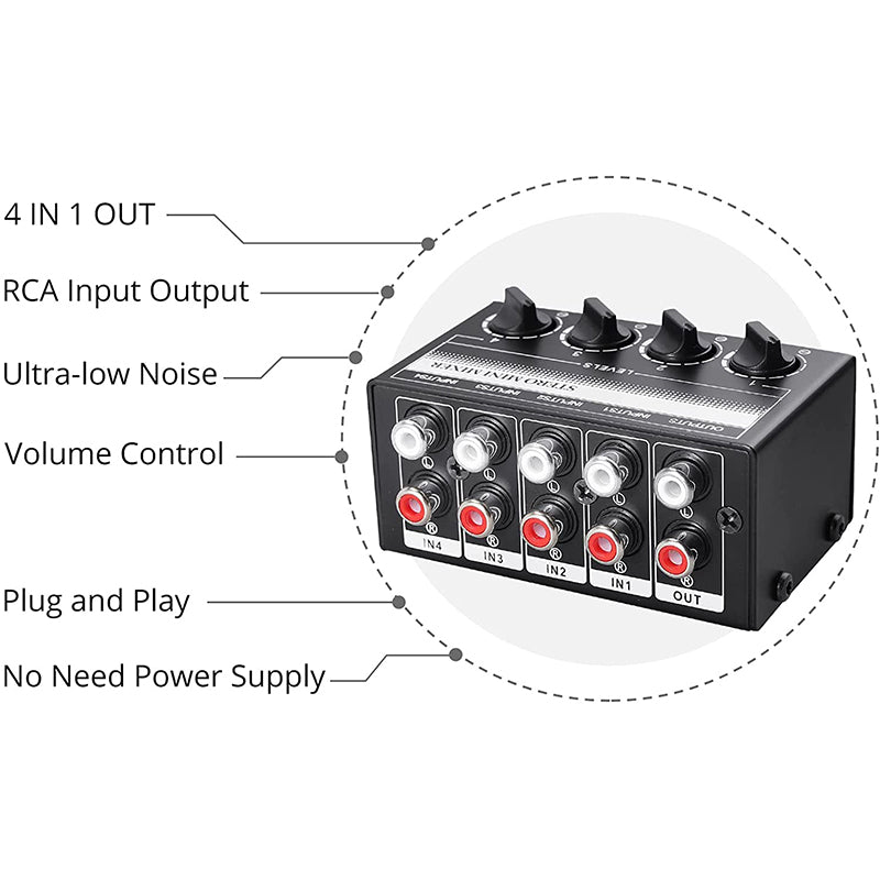 PROZOR 4 Channel Stereo Audio Mixer Metal Shell RCA Input and Output