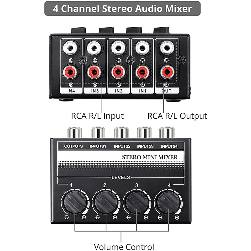 PROZOR 4 Channel Stereo Audio Mixer Metal Shell RCA Input And Output PROZOR 4 Channel Stereo Audio Mixer Metal Shell RCA Input And Output