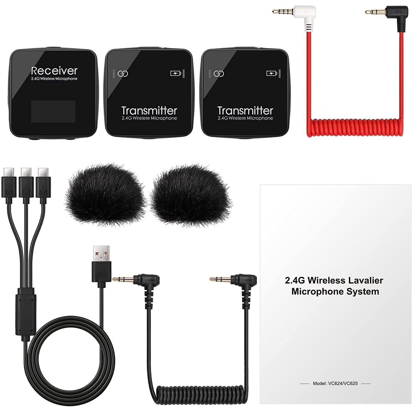 PROZOR 2.4GHz Wireless Lavalier Microphone System with Dual Transmitter & 1 Receiver Kit