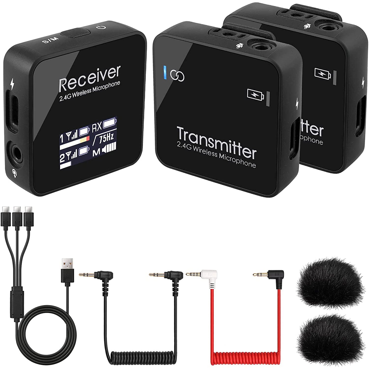 PROZOR 2.4GHz Wireless Lavalier Microphone System with Dual Transmitter & 1 Receiver Kit