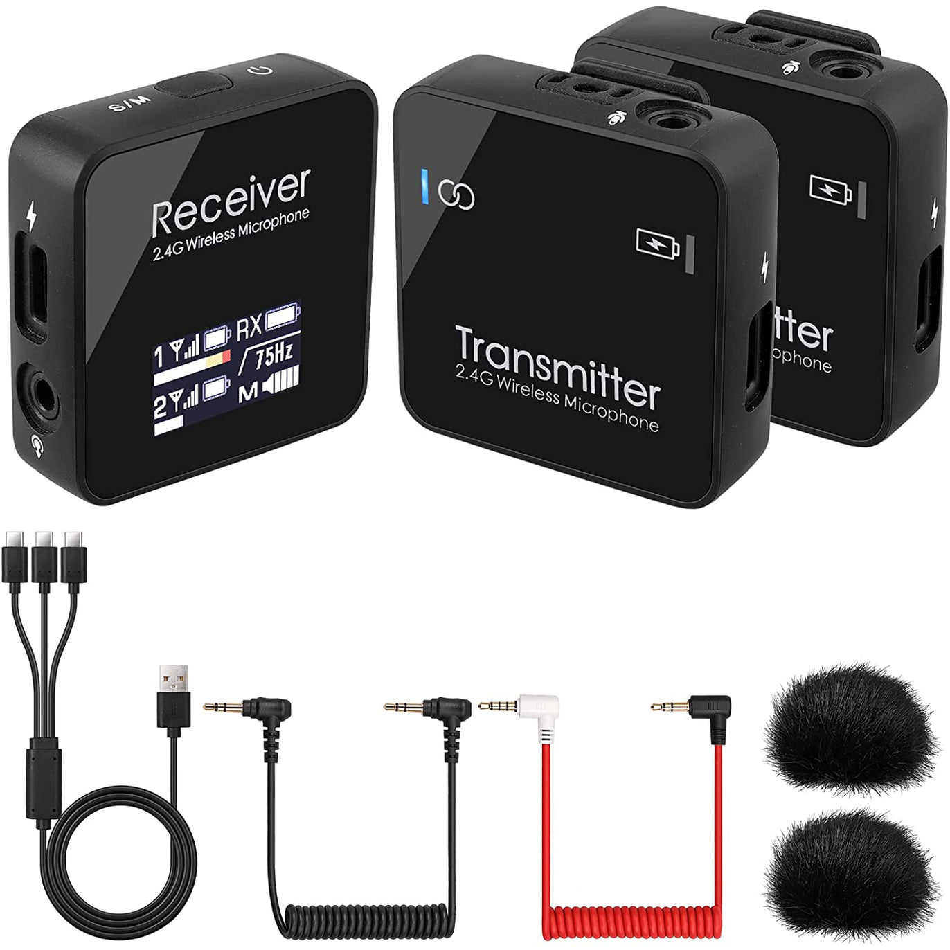 PROZOR 2.4GHz Wireless Lavalier Microphone System with Dual Transmitter & 1 Receiver Kit