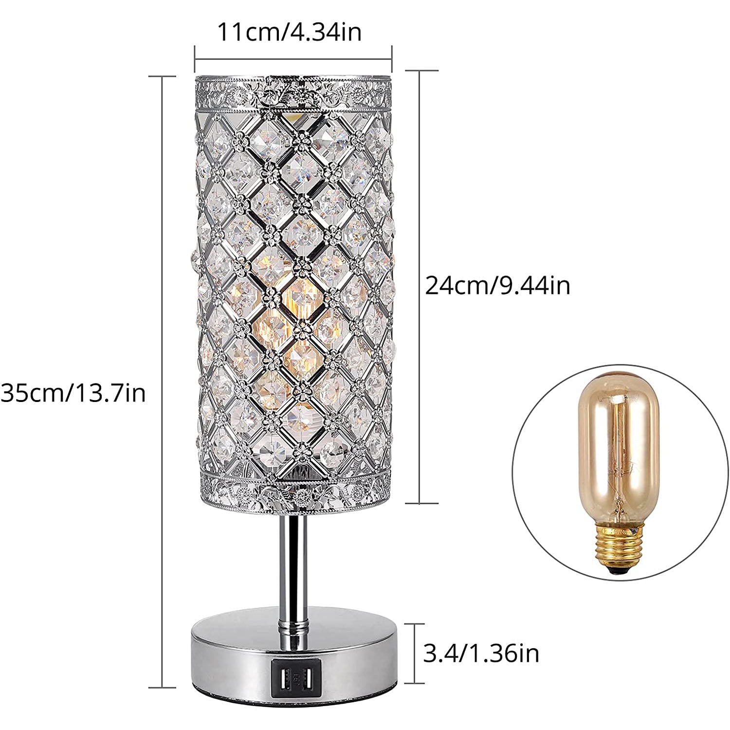 PROZOR Crystal Table Lamp with Dual USB Ports