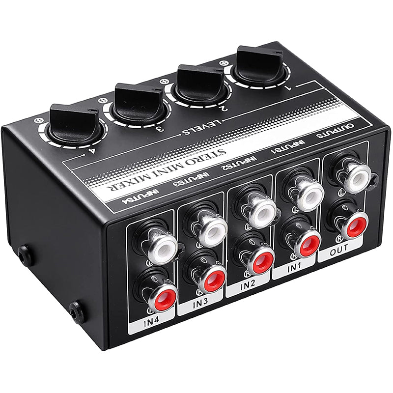 PROZOR 4 Channel Stereo Audio Mixer Metal Shell RCA Input and Output