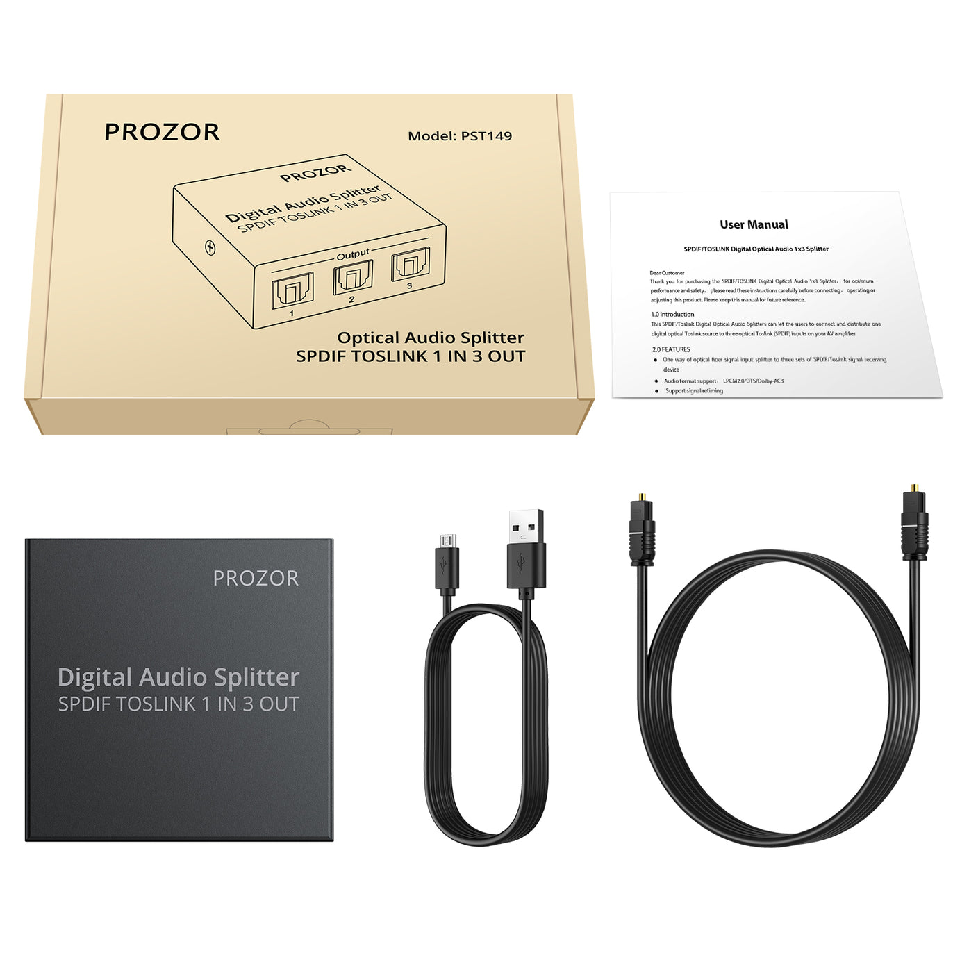 PROZOR 1 x 3 SPDIF Toslink Digital Audio Splitter 5.1CH