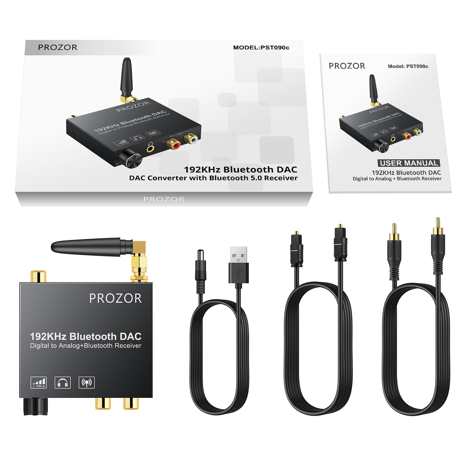 PROZOR 192kHz DAC Converter Volume Adjustable with Bluetooth 5.0 Receiver