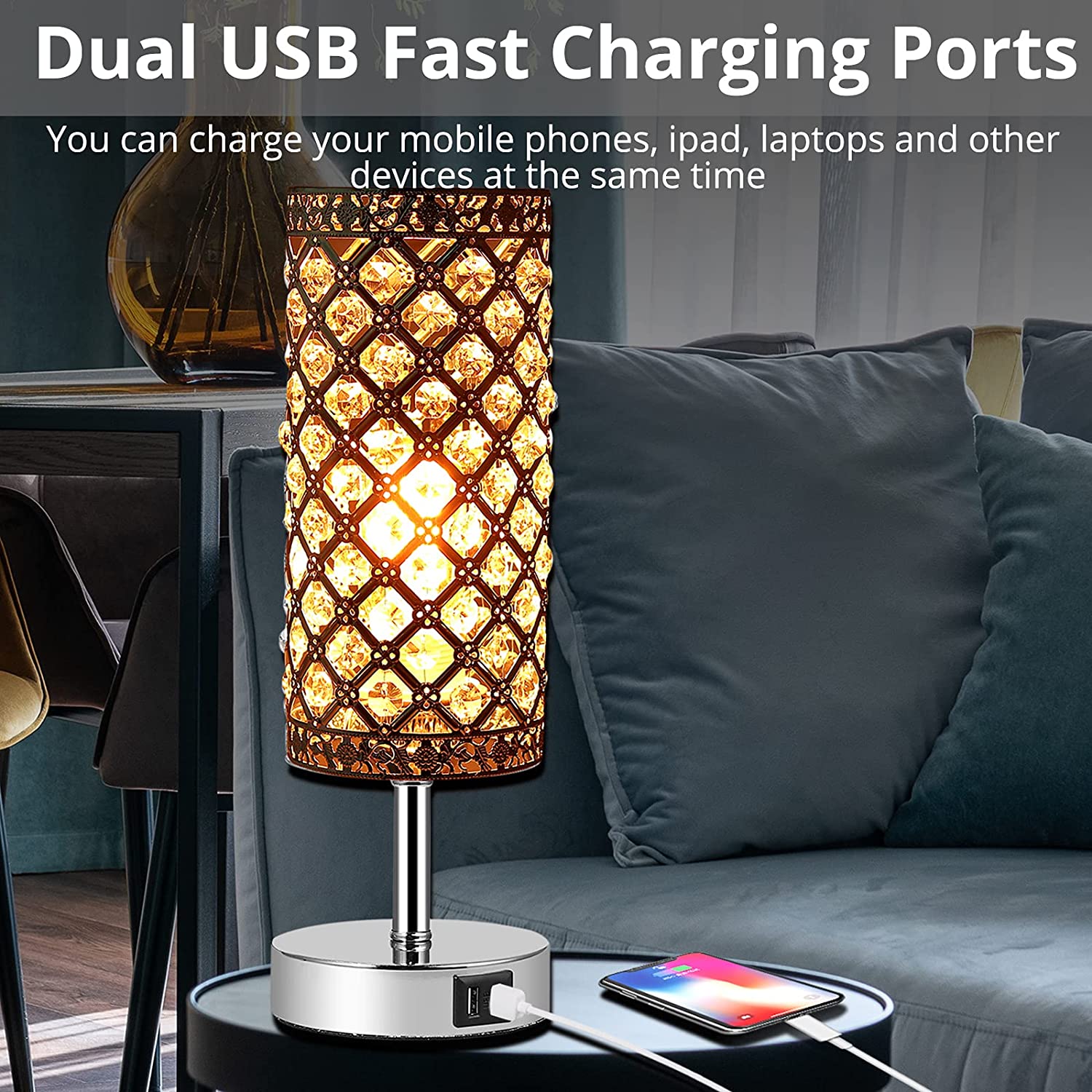 PROZOR Crystal Table Lamp with Dual USB Ports