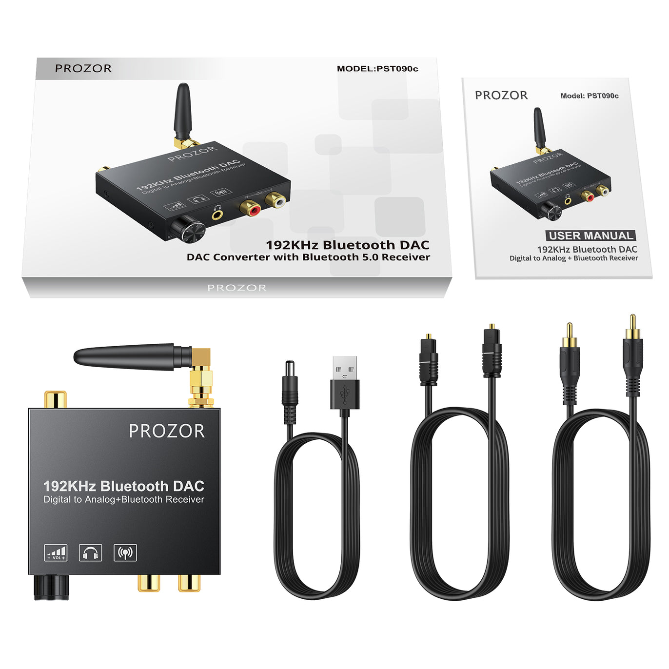 PROZOR 192kHz DAC Converter Volume Adjustable with Bluetooth 5.0 Receiver
