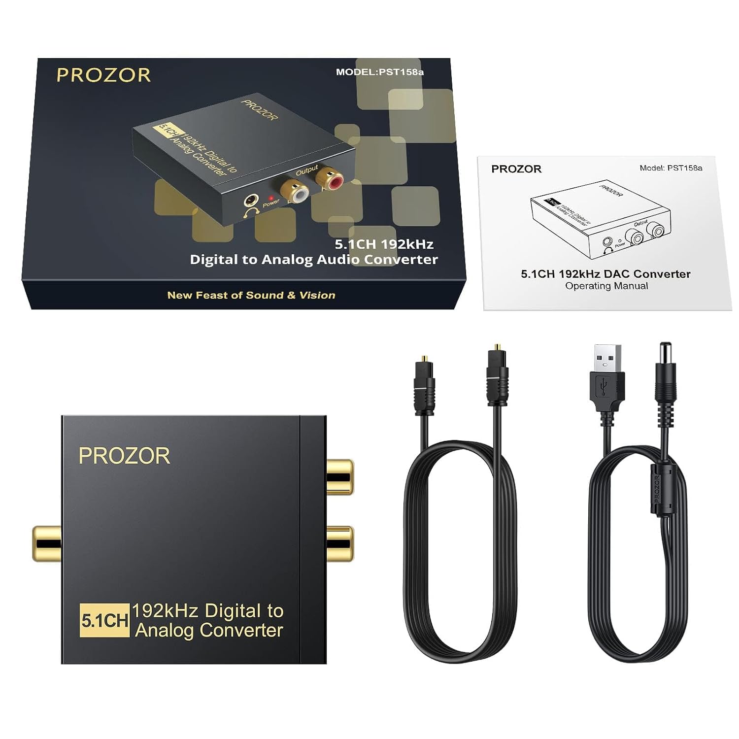 PROZOR 192Khz Digital-to-Analog Audio Converter, 5.1CH Optical/Toslink/SPDIF to RCA/3.5mm Adapter with Magnetic Ring Power Cord, Plastic Audio Accessory for HDTVs, Blu-Ray DVD, PS3, PS4