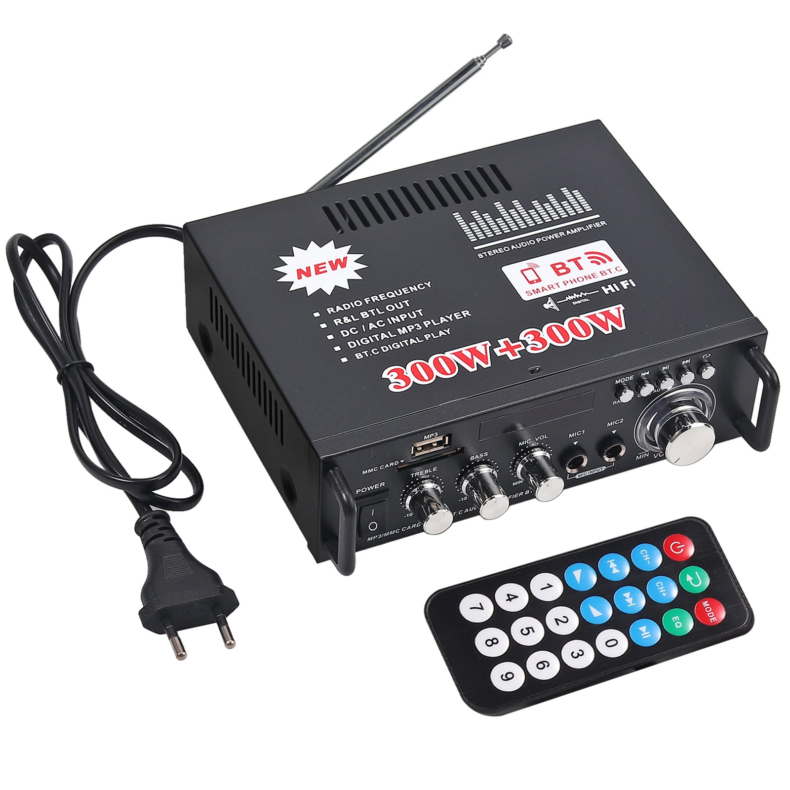PROZOR Bluetooth Stereo Audio Amplifier 300 W + 300 W Audio Amplifier Mini Digital Audio Amplifier HiFi Music SD USB FM 12 V/220 V with IR Remote Control
