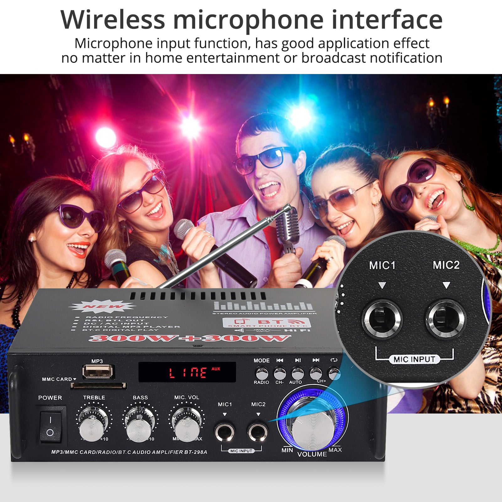 PROZOR Bluetooth Stereo Audio Amplifier 300 W + 300 W Audio Amplifier Mini Digital Audio Amplifier HiFi Music SD USB FM 12 V/220 V with IR Remote Control