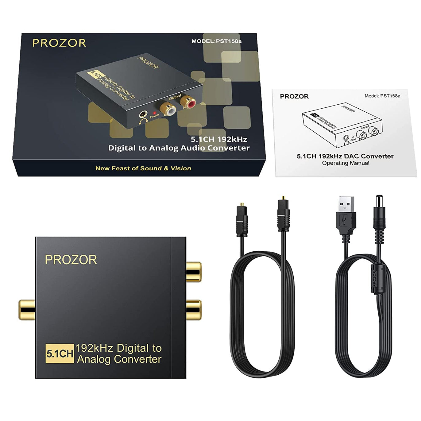 PROZOR 192Khz Digital to Analog Audio Converter Support 5.1CH Optical to RCA