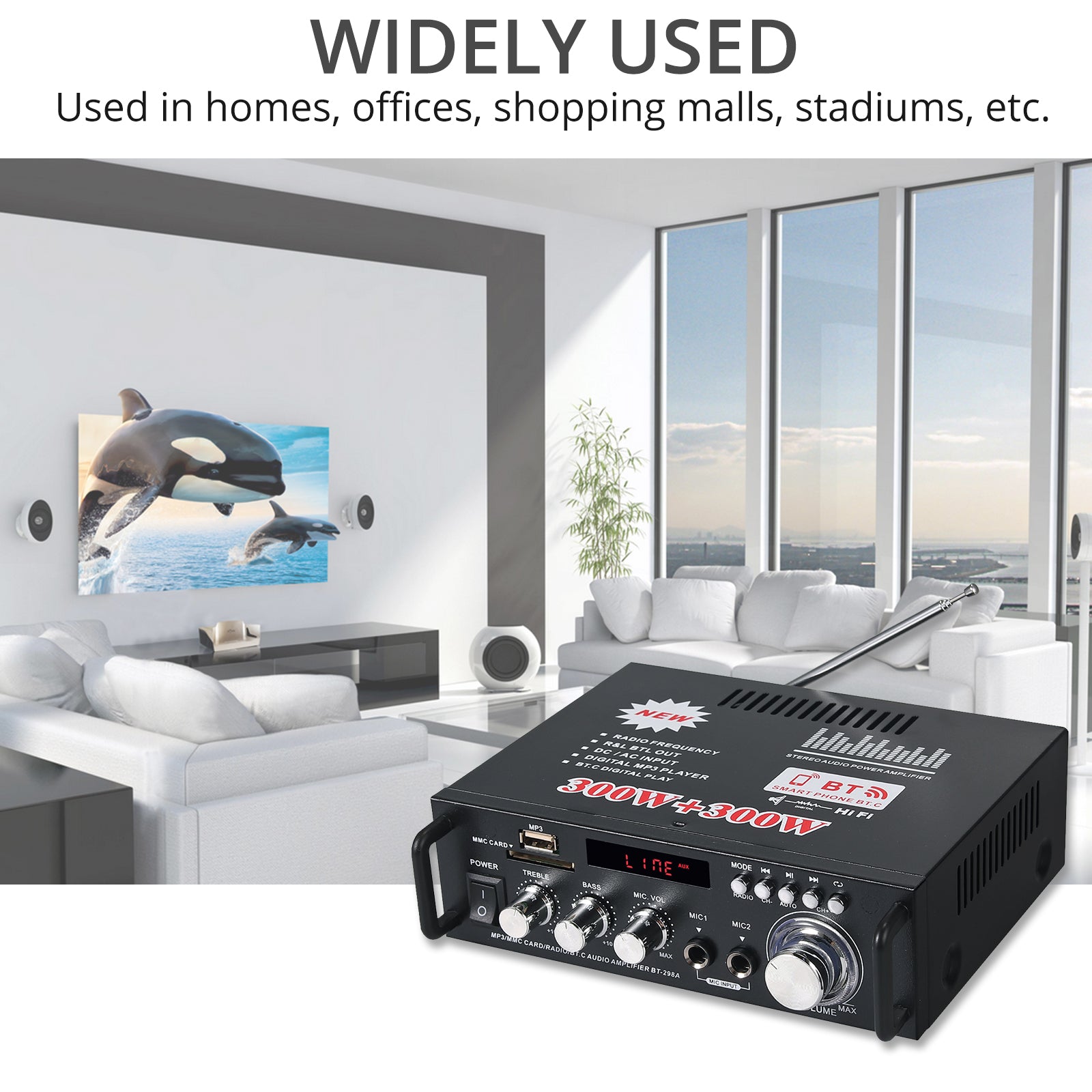 PROZOR Bluetooth Stereo Audio Amplifier 300 W + 300 W Audio Amplifier Mini Digital Audio Amplifier HiFi Music SD USB FM 12 V/220 V with IR Remote Control