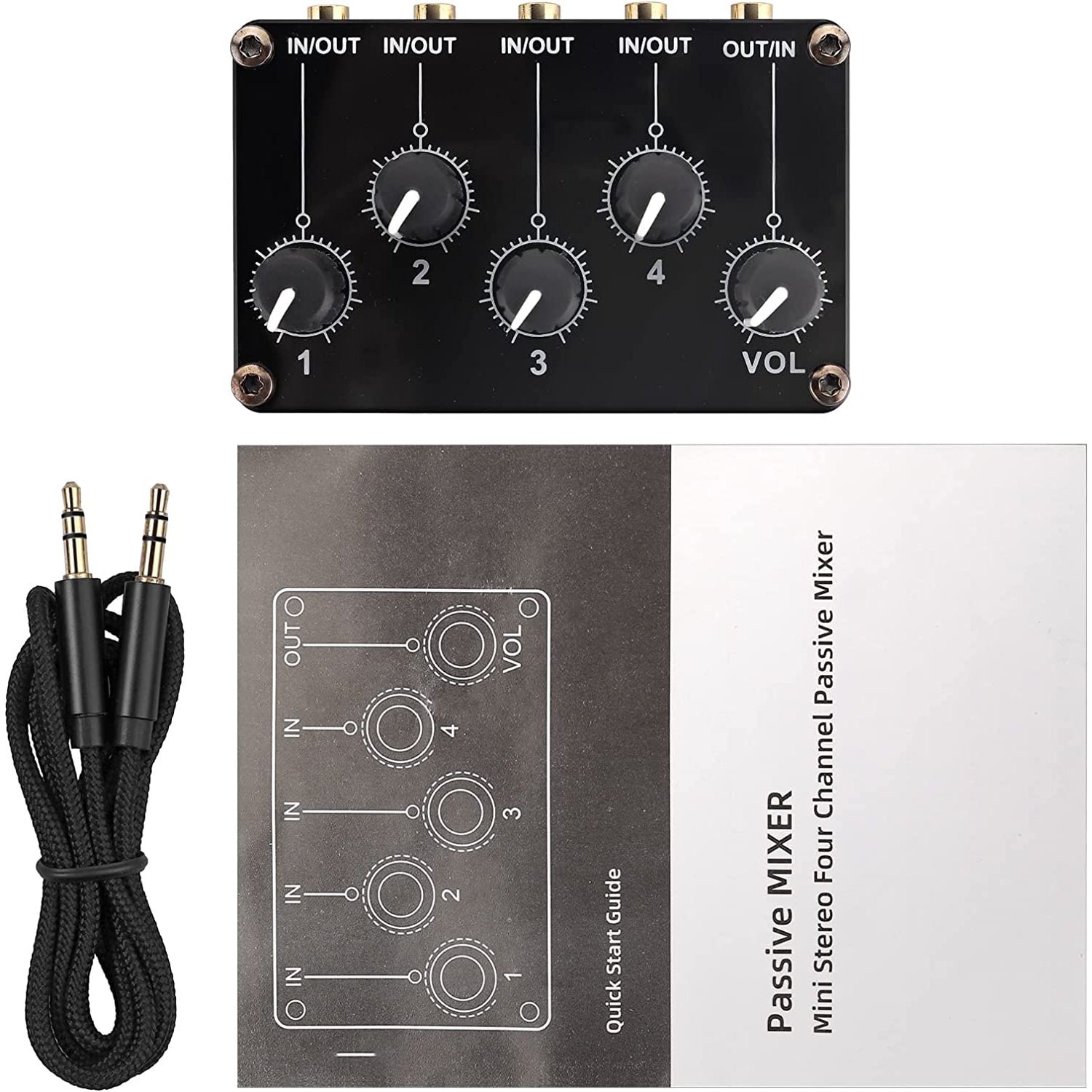 PROZOR 4 Channel Stereo Audio Mixer, 3.5mm Input/Output Mini Passive