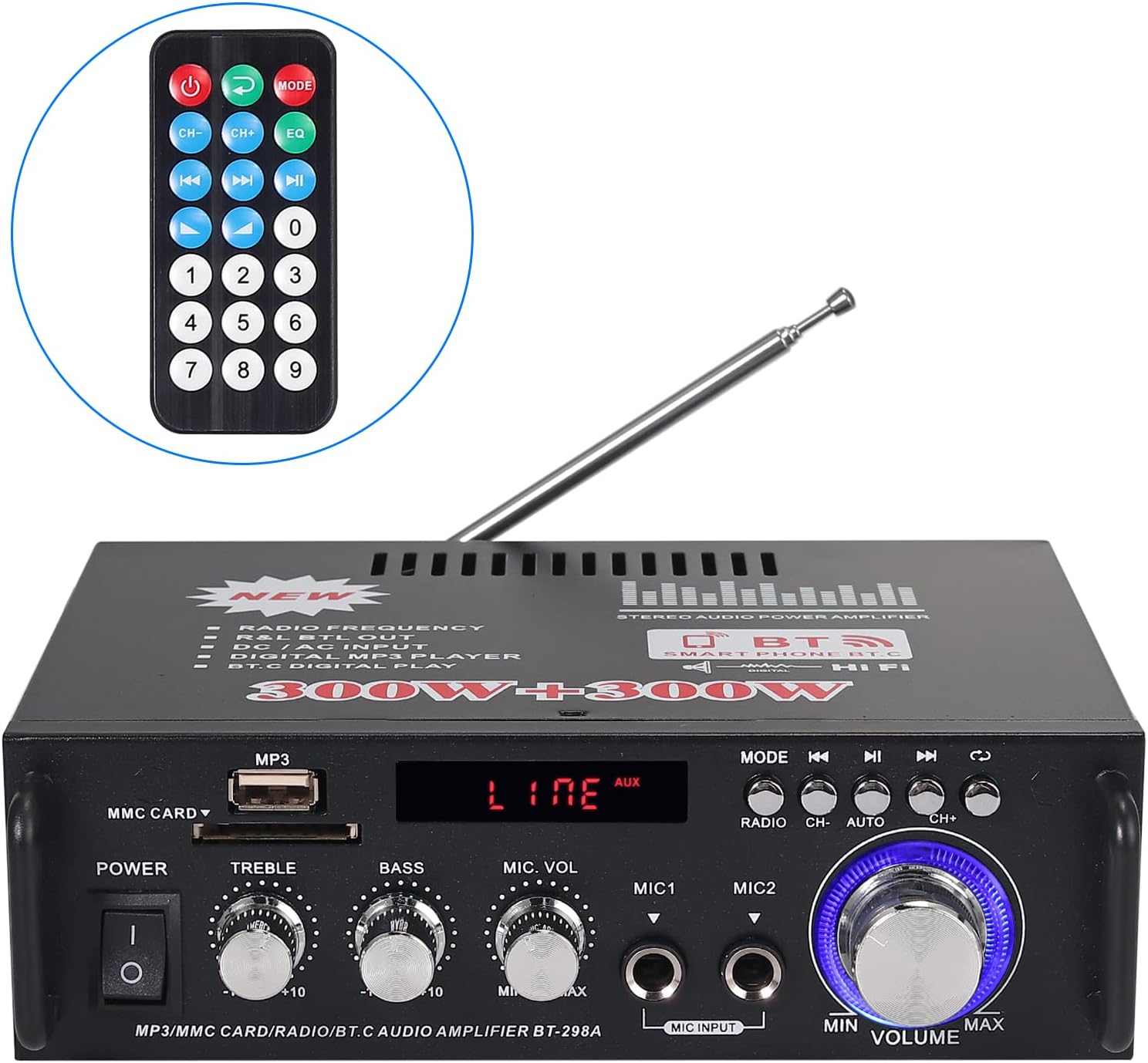 PROZOR Bluetooth Stereo Audio Amplifier 300 W + 300 W Audio Amplifier Mini Digital Audio Amplifier HiFi Music SD USB FM 12 V/220 V with IR Remote Control