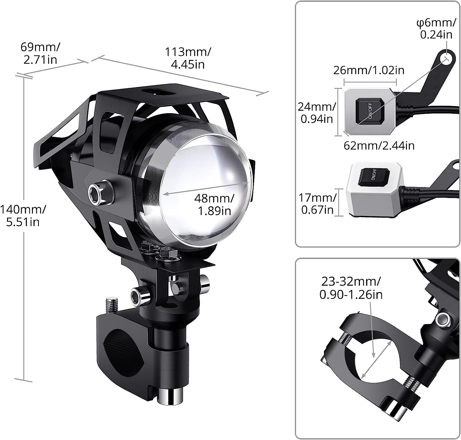 PROZOR 2PCS Motorcycle Headlights 15W U5 3000 Lumen Fog Spot Lights Waterproof