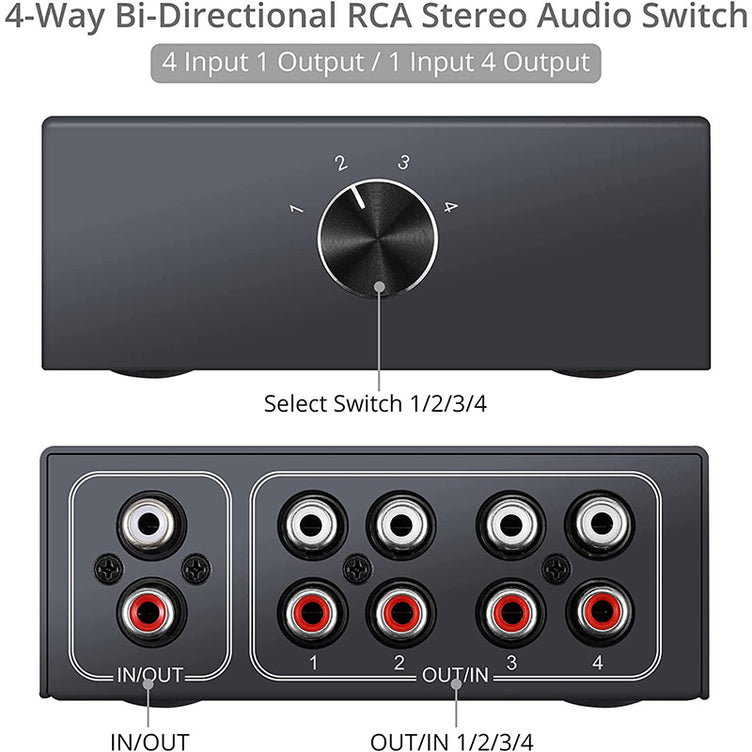 PROZOR RCA Stereo Audio Switch 4-Way Bi-Directional L/R Sound Channel