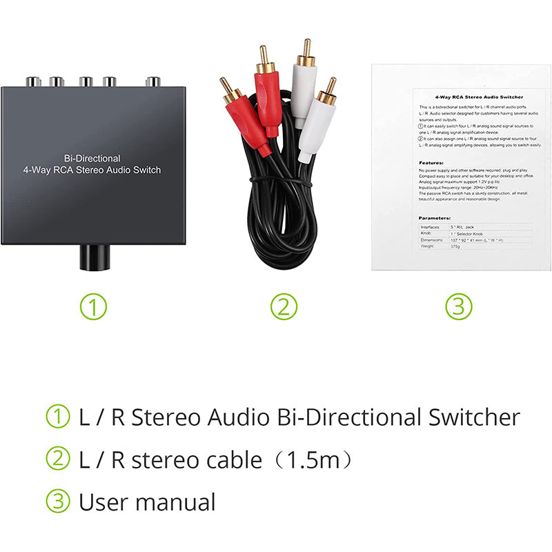PROZOR RCA Stereo Audio Switch 4-Way Bi-Directional L/R Sound Channel