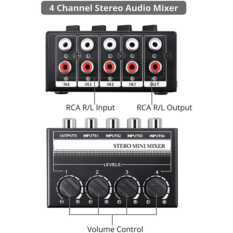 PROZOR 4 Channel Stereo Audio Mixer Metal Shell RCA Input and Output