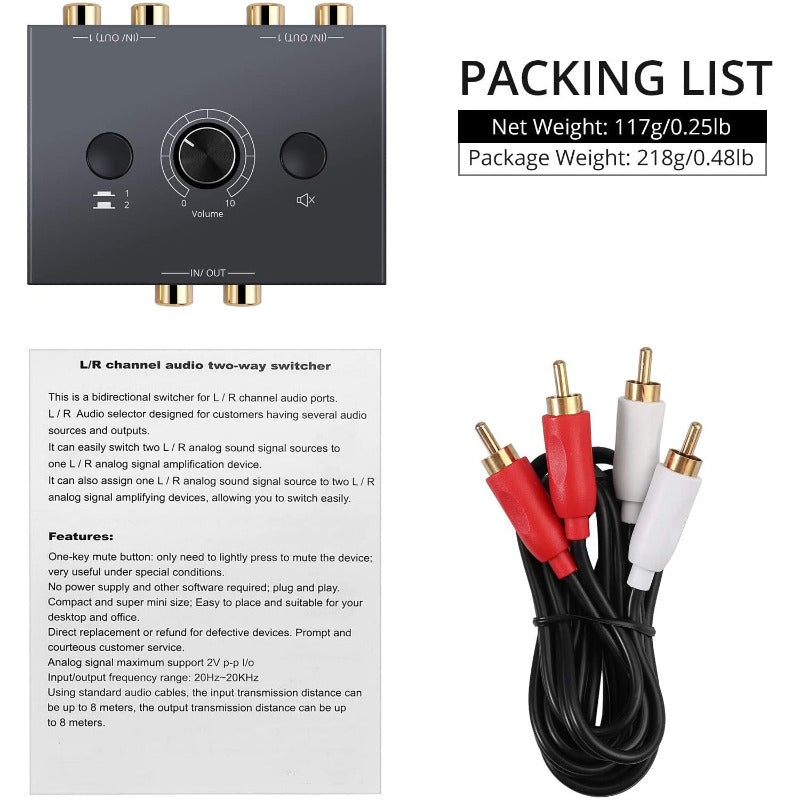 PROZOR Selettore Audio Stereo Bidirezionale Con RCA, AUX, Controllo Volume E Muto