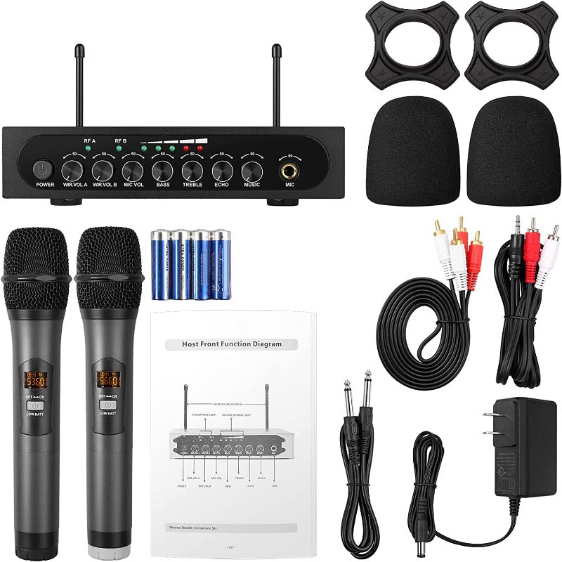 KITHOUSE K380S UHF Rechargeable Wireless Microphone Karaoke Mic Dual with  Receiver System Set - Professional Handheld Dynamic Cordless Microphone for