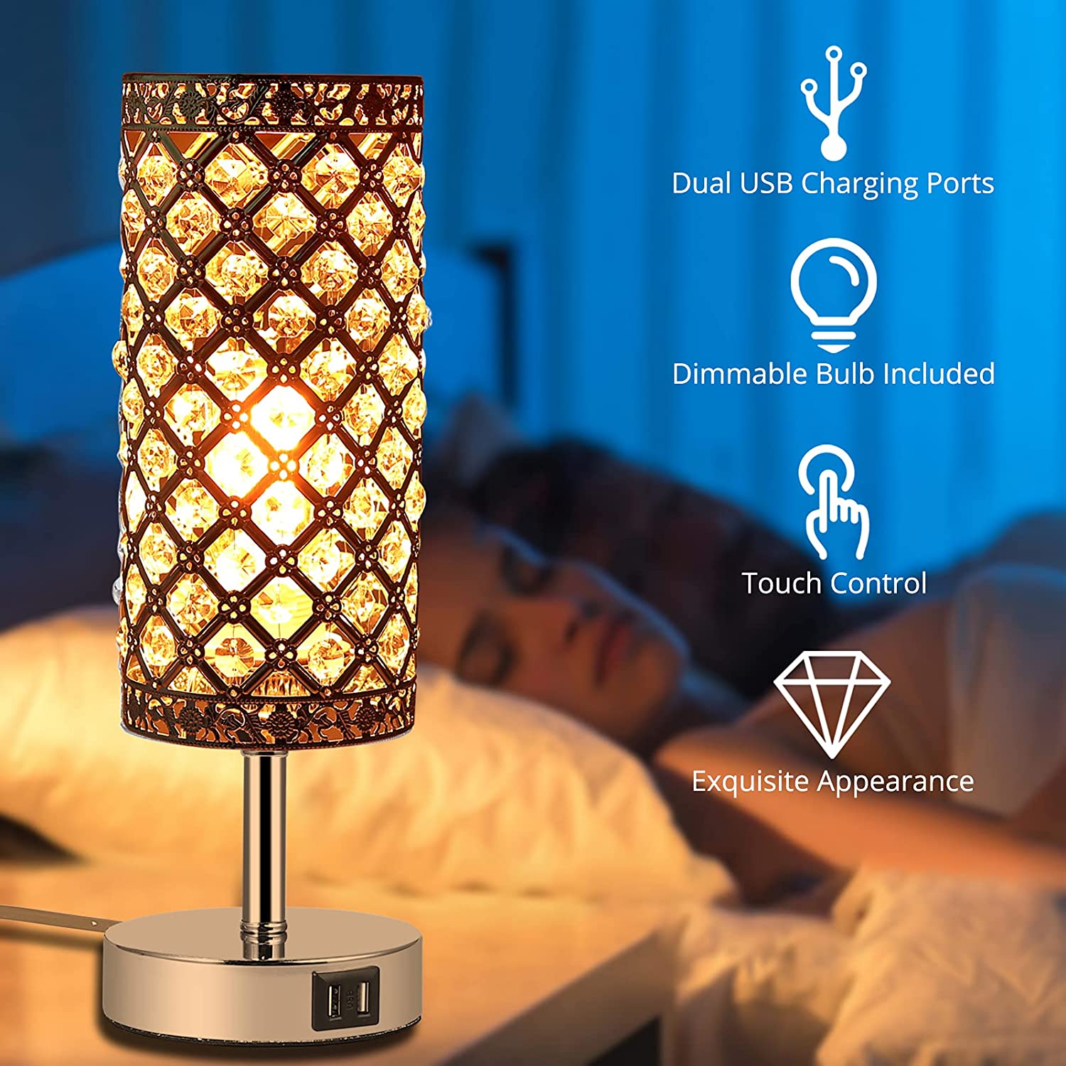 PROZOR Crystal Table Lamp with Dual USB Ports
