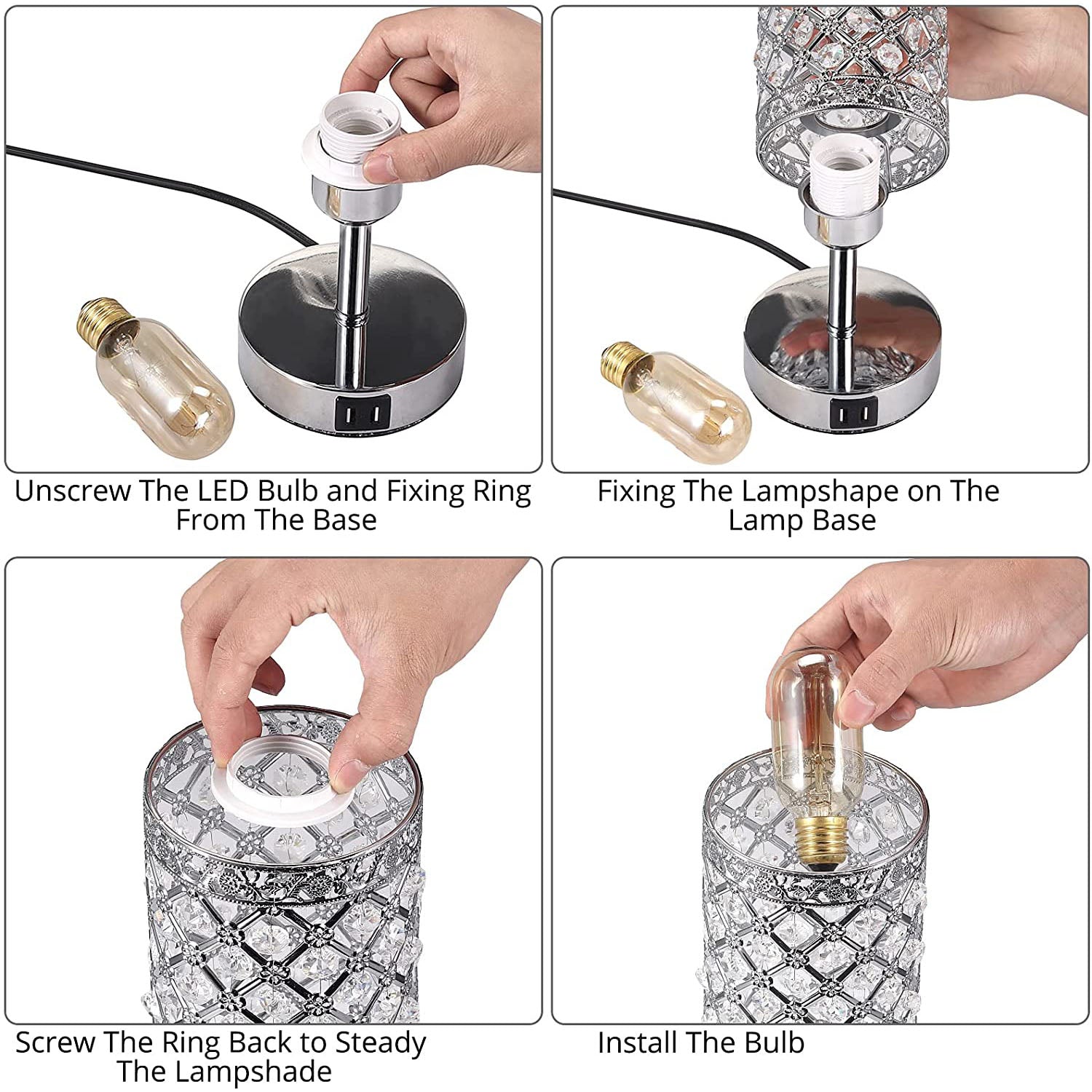 PROZOR Crystal Table Lamp with Dual USB Ports